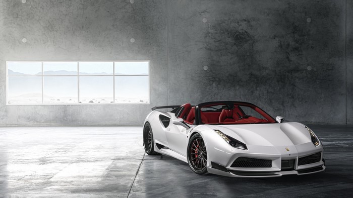 White Ferrari 488 Spider in a concrete garage