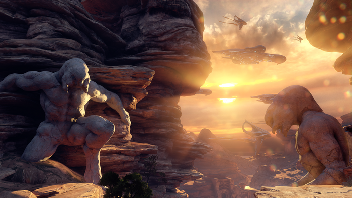 Halo 5: Guardians landscape with statues and spacecraft
