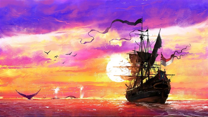 Sailing ship at sunset with whales and birds