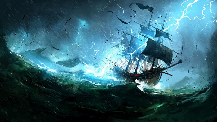 Sailing Ship in a Lightning Storm at Sea