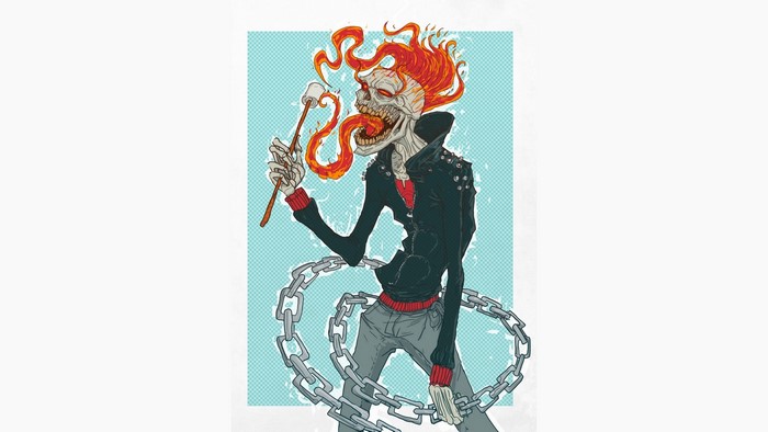 Ghost Rider roasting a marshmallow with fire