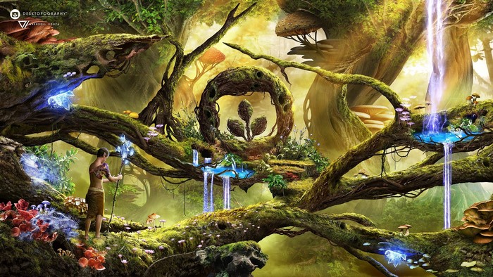 Fantasy Forest with Waterfalls and Glowing Crystals