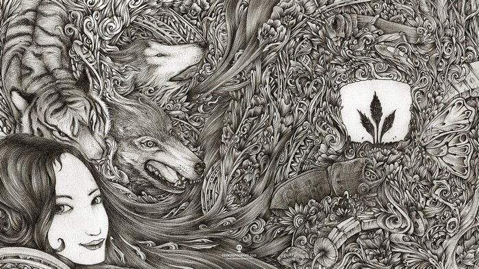 Girl with wolf and tiger in ornate forest