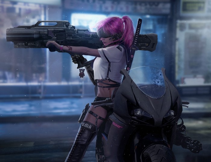 Cyberpunk woman with pink hair and weapon on motorcycle
