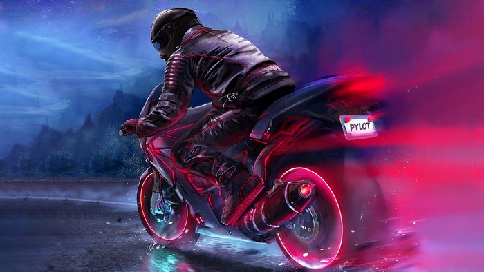 Motorcycle pilot with neon lights in a fantasy landscape