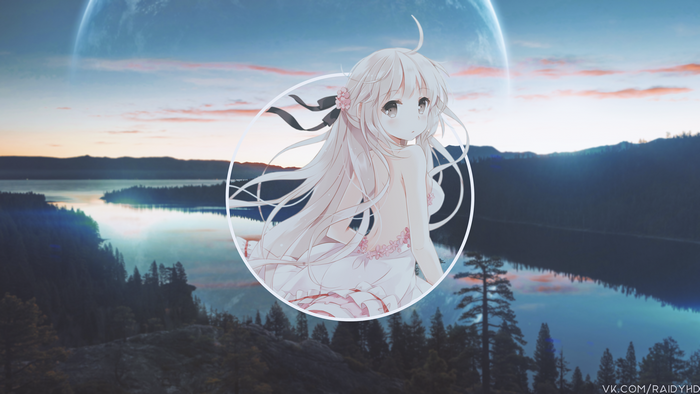 Anime girl in a circle with a planet and landscape