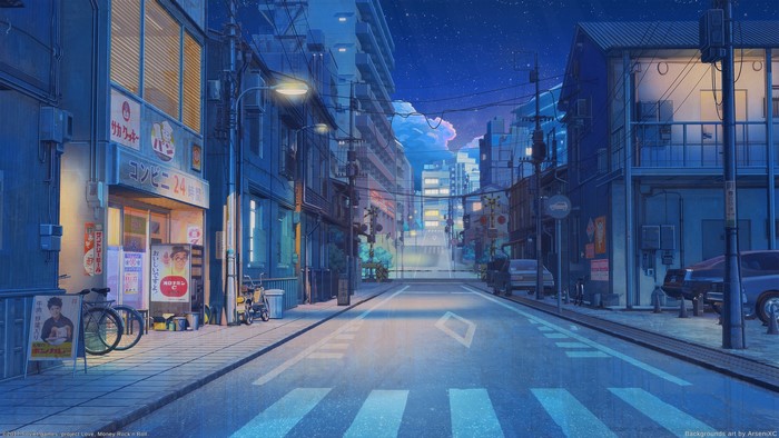 Anime street at night with convenience store
