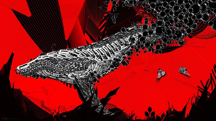 Digital artwork of a mechanical whale with bubbles