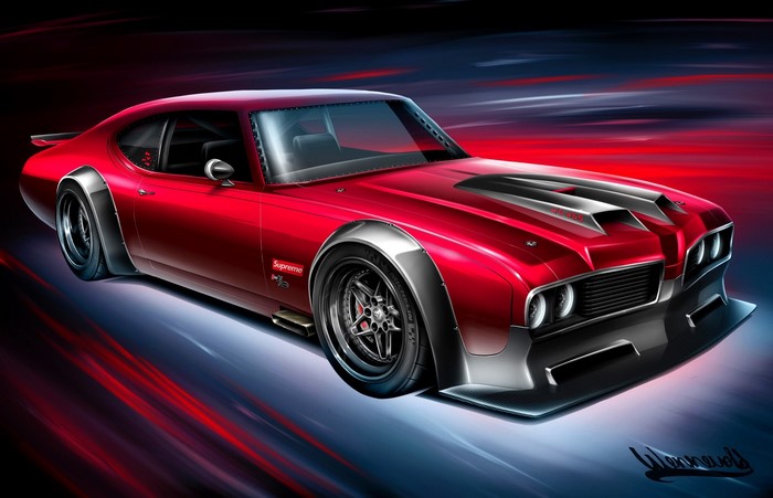 Red custom muscle car artwork