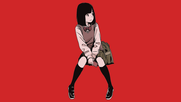 Anime schoolgirl with backpack on red background