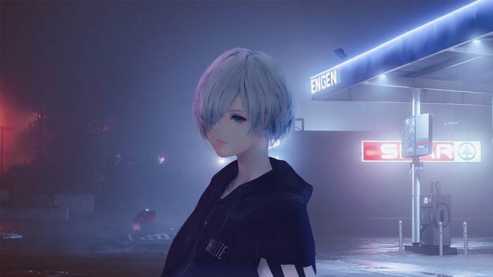 Aoi Ogata from Tokyo Ghoul at a gas station