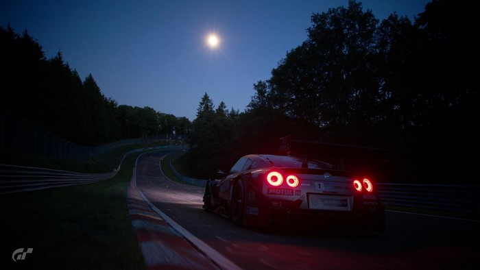 Nissan GT-R Nismo GT3 on a race track at night