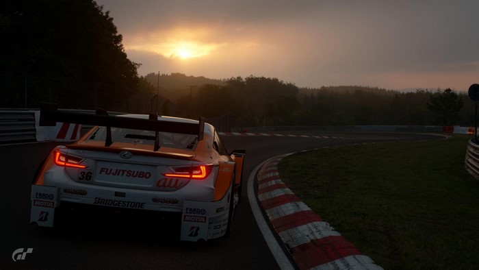 Gran Turismo Sport Lexus race car at sunset