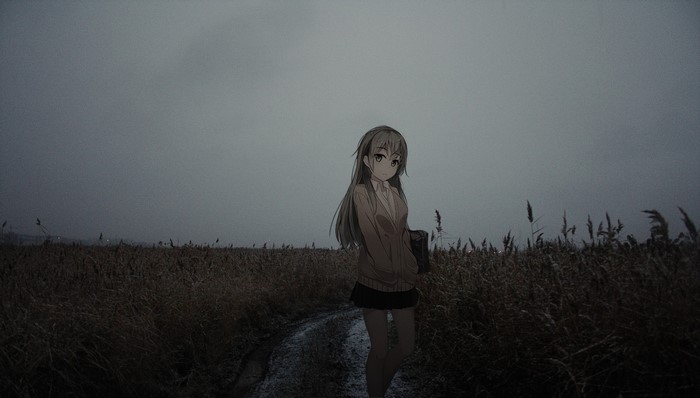 Anime girl in a field under a cloudy sky