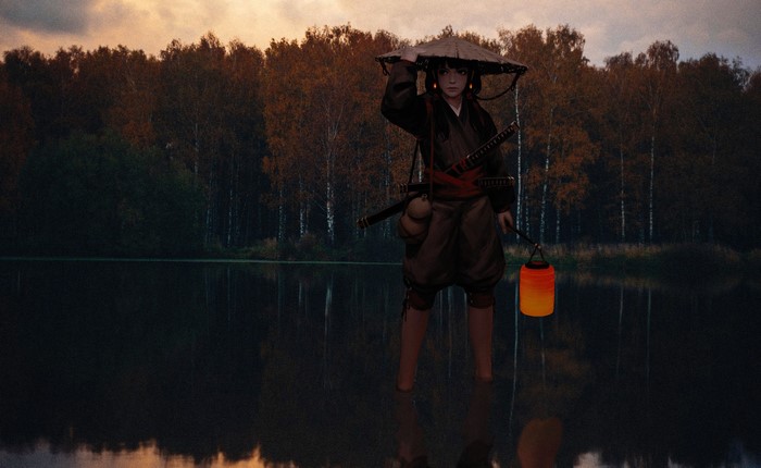 Anime character with lantern and sword in lake