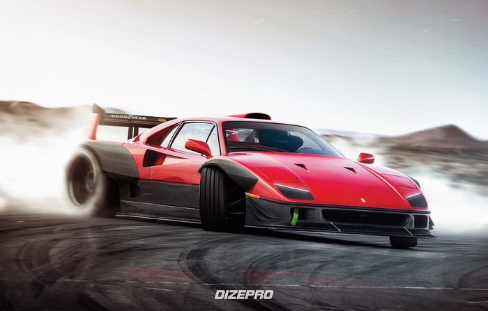 Red Ferrari F40 drifting with smoke