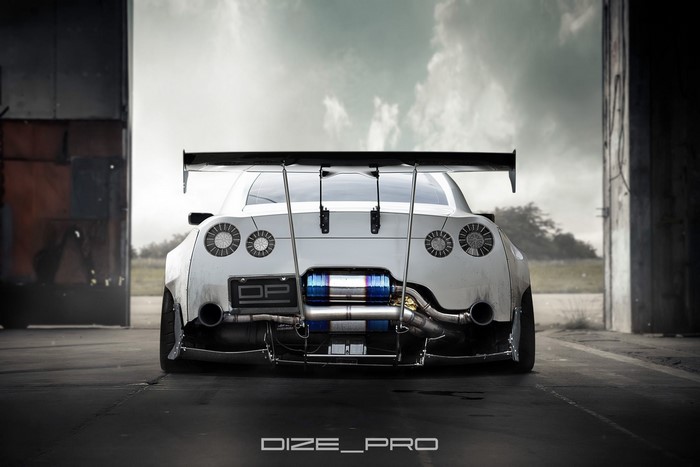 Nissan GT-R with large rear spoiler and exhaust