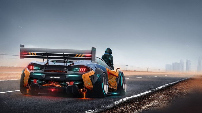 Futuristic McLaren supercar with a person on a desert road