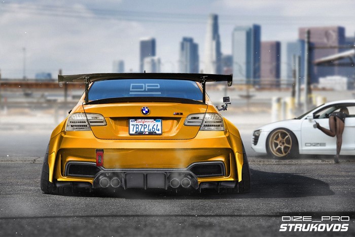 Yellow BMW M3 with spoiler and white Audi