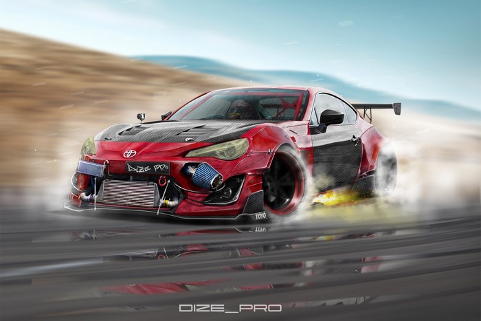 Red Toyota GT-86 drifting with smoke