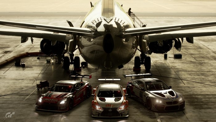 Gran Turismo Sport racing cars and airplane