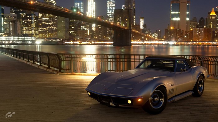 Gran Turismo Sport car on a boardwalk at night