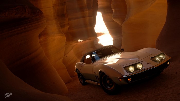 White Chevrolet Corvette Stingray in a canyon
