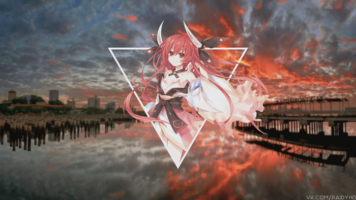 Anime girl with horns in front of a city skyline at sunset