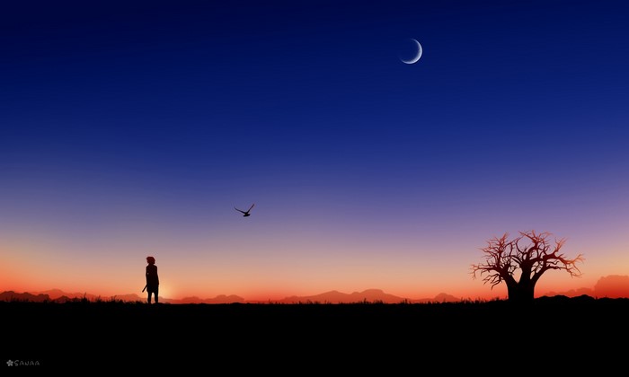 Silhouette of a warrior and a tree at sunset