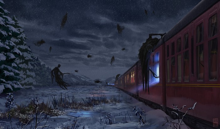 Dementors attacking a train in a snowy landscape