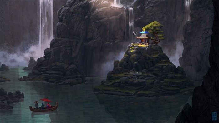 Fantasy artwork of a temple by waterfalls
