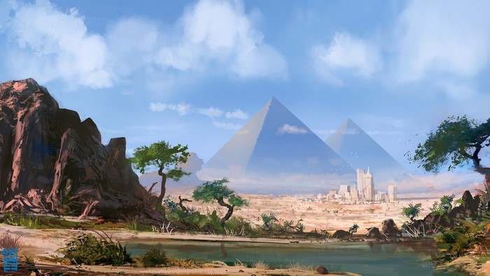 Fantasy art of pyramids and a city by Josh Hutchinson