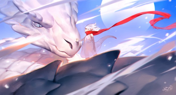 A girl with a red scarf and a white dragon