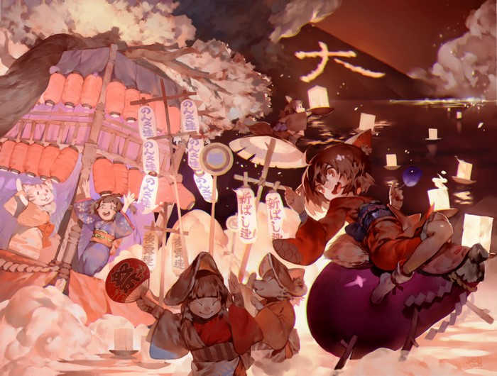 Anime girls at a Japanese festival with lanterns