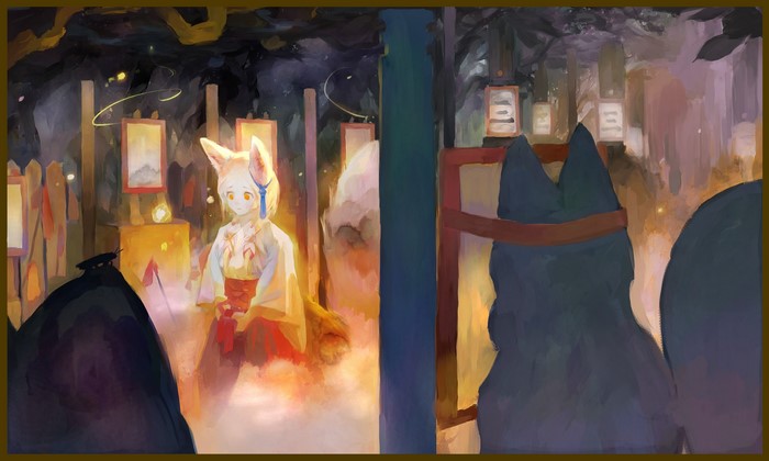 Anime girl with fox ears at a lantern festival