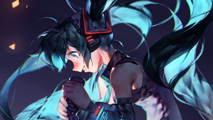 Hatsune Miku singing into a microphone