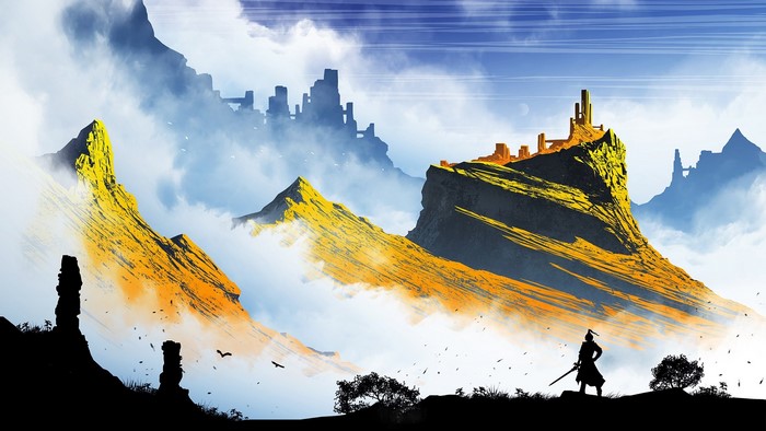 Fantasy landscape with mountains and a warrior