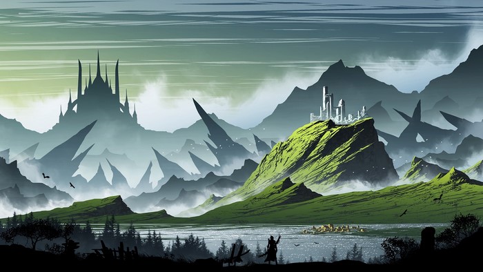 Fantasy landscape with castles and mountains