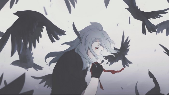 Anime boy with red eyes surrounded by birds
