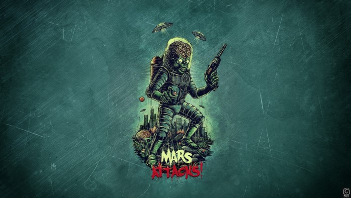 Mars Attacks alien with ray gun and UFOs