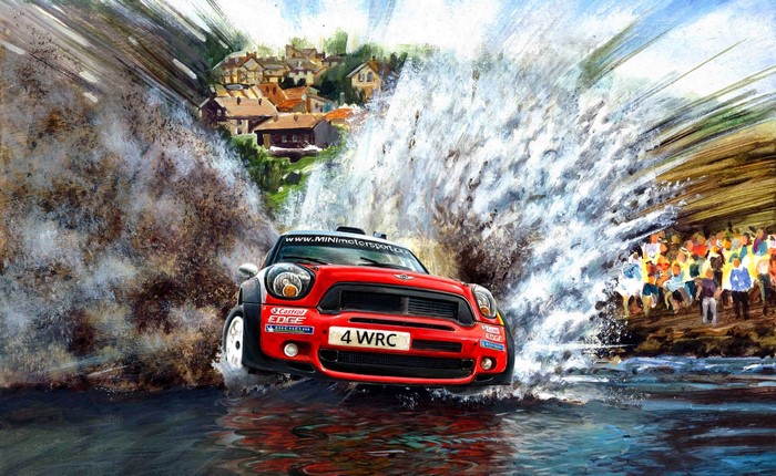 Red Mini Cooper 4 WRC racing through water