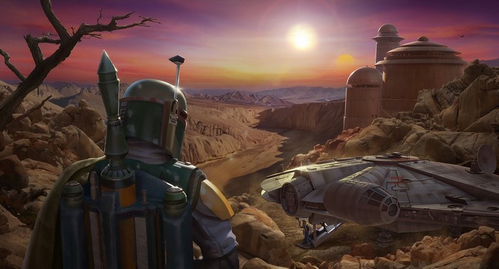 Boba Fett from Star Wars on Tatooine with Millennium Falcon