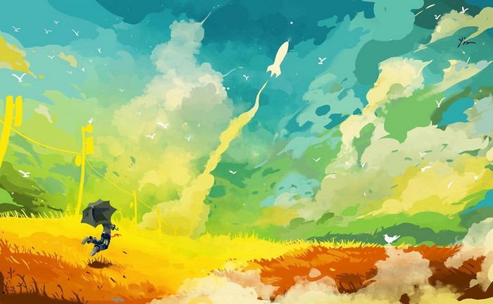 Abstract painting of a rocket launch and a person with an umbrella