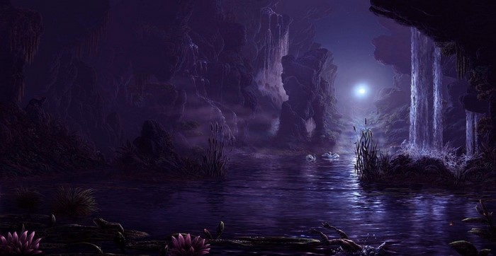 Swans in a mystical cave with a waterfall and moonlight
