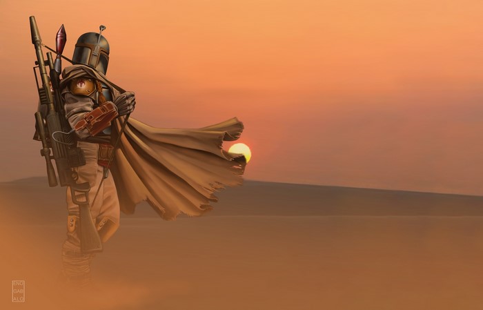 Boba Fett from Star Wars in a desert at sunset