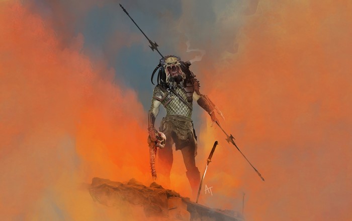 Predator holding a skull and spear