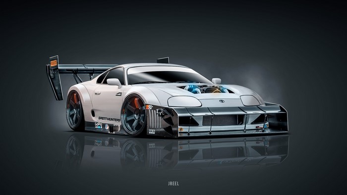 White Toyota Supra race car with exposed engine
