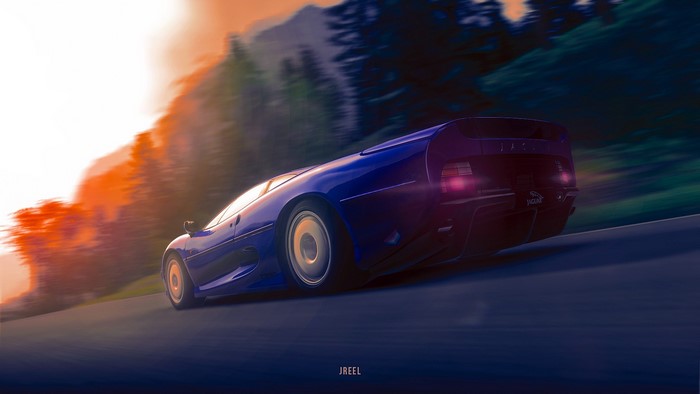 Blue Jaguar XJ220 driving on a road at sunset