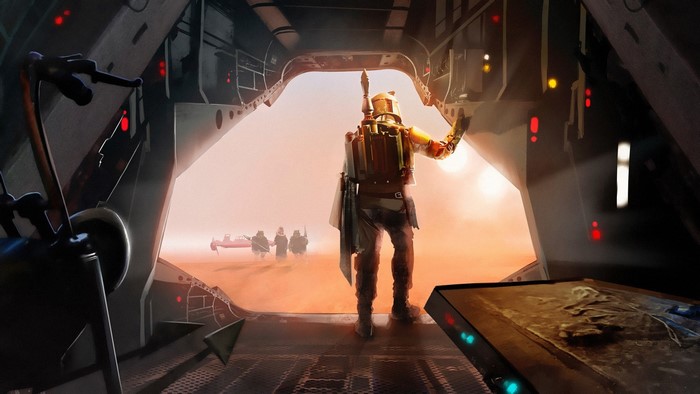 Boba Fett from Star Wars on a desert planet