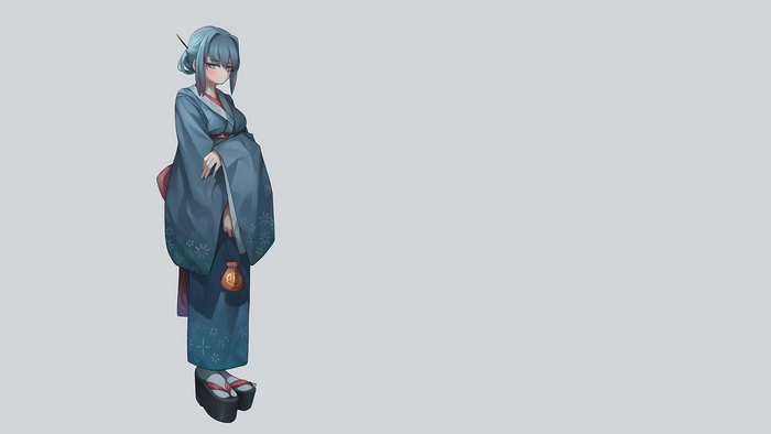 Anime girl with blue hair in a blue kimono